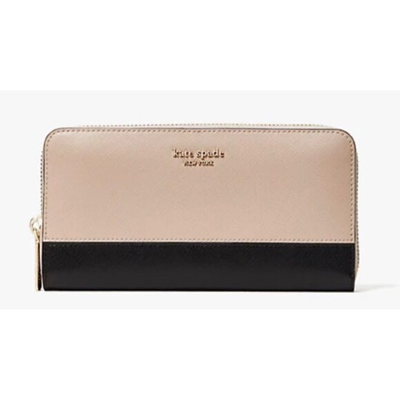 Kate Spade beige/black leather Spencer Zip-around continental wallet NWT - Picture 1 of 11